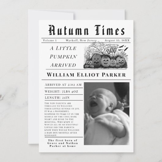 A little pumpkin arrived Birth Announcement 案内状 (正面)