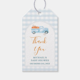 A Little Pumpkin Blue Truck Gingham Baby Shower ギフトタグ