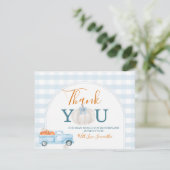 A Little Pumpkin Blue Truck Gingham Baby Shower サンキューカード (スタンド正面)