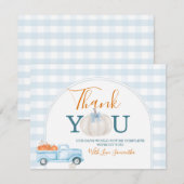 A Little Pumpkin Blue Truck Gingham Baby Shower サンキューカード (正面/裏面)
