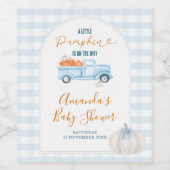 A Little Pumpkin Blue Truck Gingham Baby Shower ワインラベル (シングルラベル)
