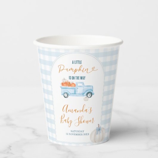 A Little Pumpkin Blue Truck Gingham Baby Shower 紙コップ (正面)