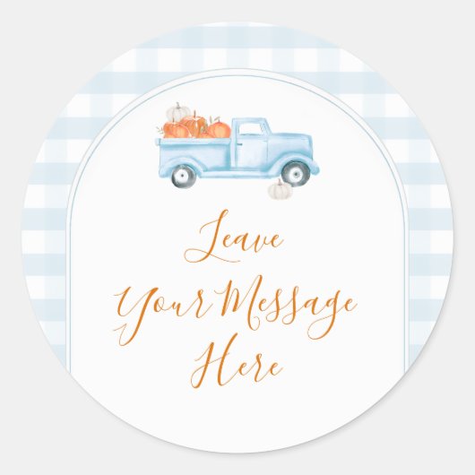 A Little Pumpkin Blue Truck Gingham Your Message ラウンドシール (正面)