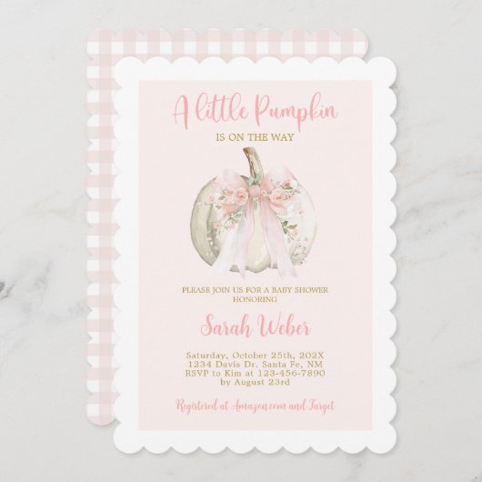 A little pumpkin gingham fall baby shower girl 招待状 (正面/裏面)
