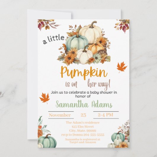 A Little Pumpkin is on Her Way Baby Shower 招待状 (正面)