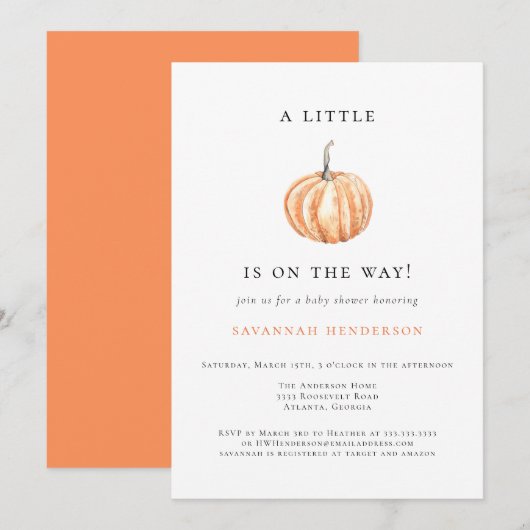 A Little Pumpkin Is On The Way Baby Shower 招待状 (正面/裏面)