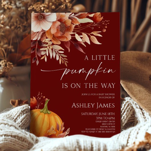 A Little Pumpkin Rusty Burgundy Floral Baby Shower 招待状