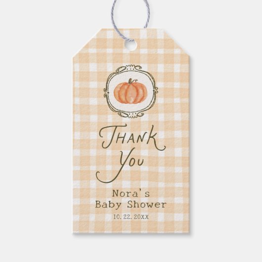 A Little Pumpkin Whimsical Gingham Baby Shower ギフトタグ (正面)