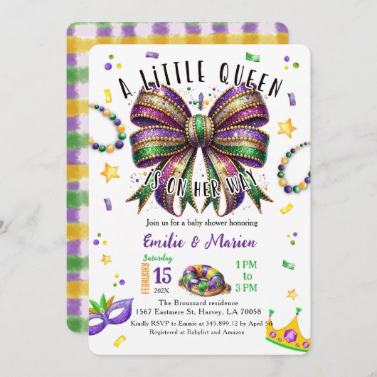 A little Queen is on her way Mardi Gras Invitation 招待状 (正面/裏面)