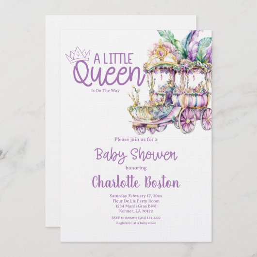 A Little Queen Mardi Gras Float Baby Shower 招待状 (正面/裏面)
