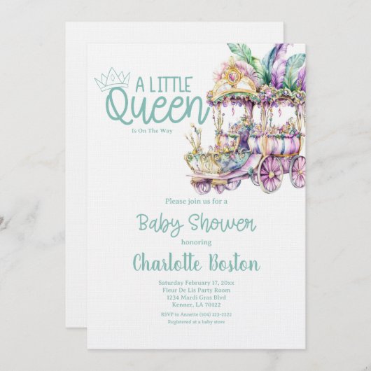 A Little Queen Mardi Gras Float Baby Shower 招待状 (正面/裏面)