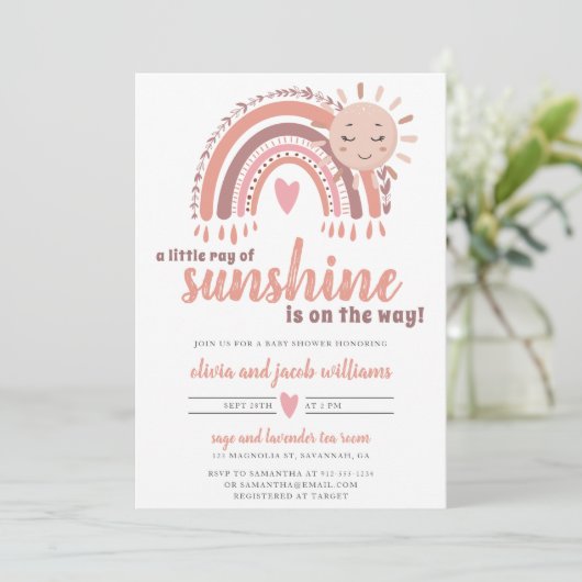A Little Ray of Sunshine Boho Baby Shower 招待状 (スタンド正面)
