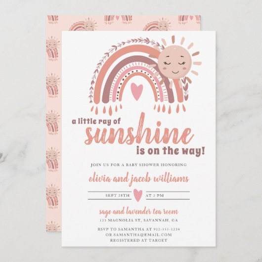 A Little Ray of Sunshine Boho Baby Shower 招待状 (正面/裏面)