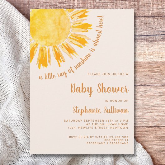 A Little Ray of Sunshine Boho Baby Shower 招待状