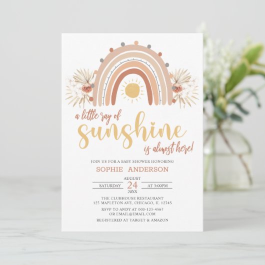 A Little Ray of Sunshine Boho Rainbow Baby Shower 招待状 (スタンド正面)