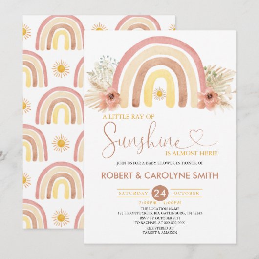 A Little Ray of Sunshine Boho Rainbow Baby Shower 招待状 (正面/裏面)