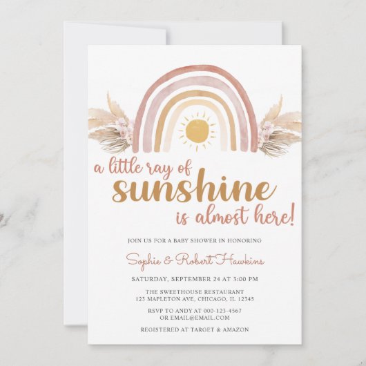A Little Ray of Sunshine Boho Rainbow Baby Shower 招待状 (正面)