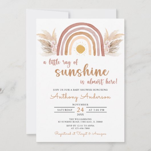 A Little Ray of Sunshine Boho Rainbow Baby Shower 招待状 (正面)