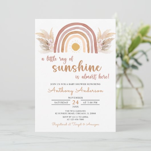 A Little Ray of Sunshine Boho Rainbow Baby Shower 招待状 (スタンド正面)
