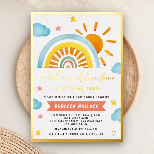 A Little Ray of Sunshine Boho Rainbow Baby Shower 箔招待状