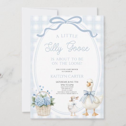 A Little Silly Goose Blue Bow Floral Baby Shower 招待状 (正面)