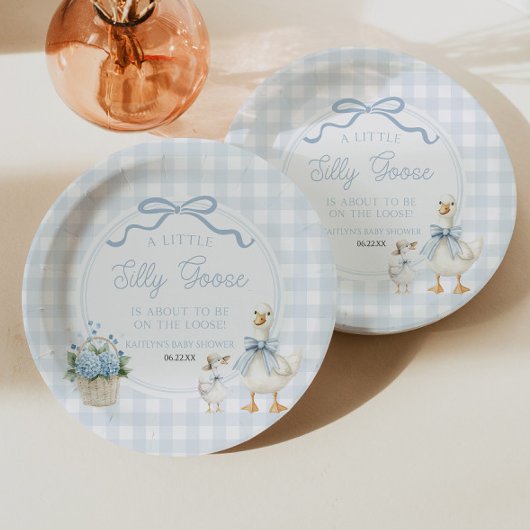 A Little Silly Goose Blue Floral Bow Baby Shower ペーパープレート