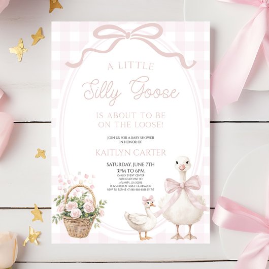 A Little Silly Goose Pink Bow Floral Baby Shower 招待状