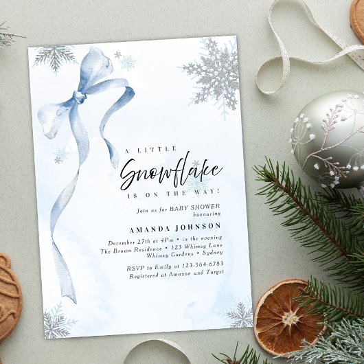 A little Snowflake Blue Bow Glitter Baby Shower 招待状