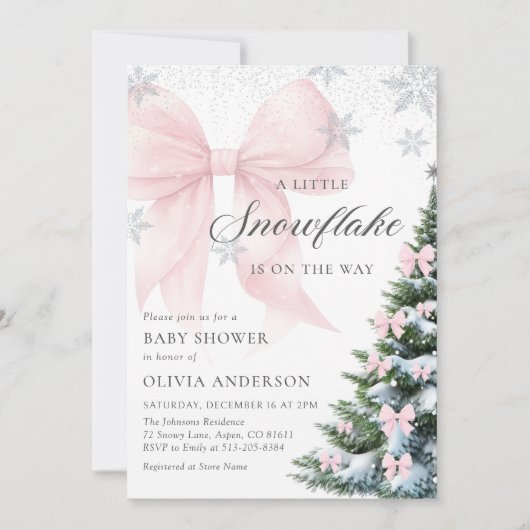A Little Snowflake is on the Way Bow Baby Shower 招待状 (正面)