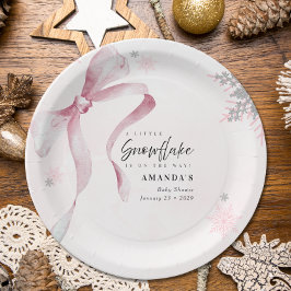 A little Snowflake Pink Bow Glitter Baby Shower  ペーパープレート