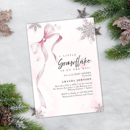 A little Snowflake Pink Bow Glitter Baby Shower 招待状