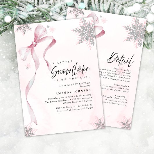 A little Snowflake Pink Bow Glitter Baby Shower 招待状
