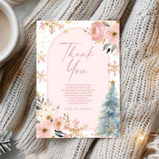 A Little Snowflake Pink Winter Baby Shower サンキューカード