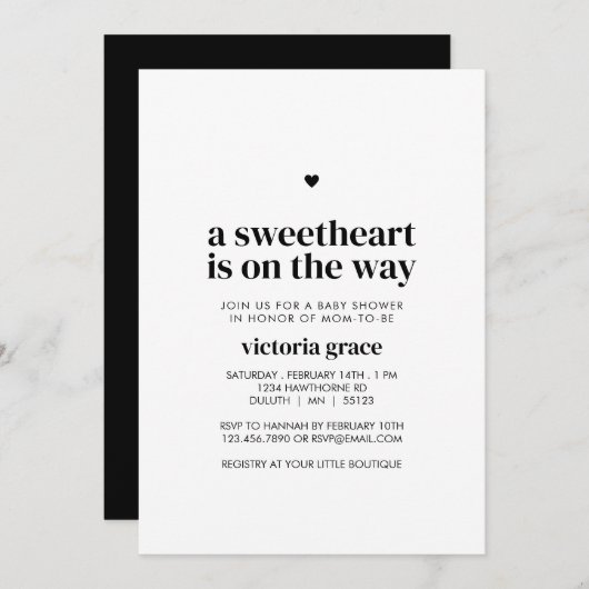 A Little Sweetheart Baby Shower 招待状 (正面/裏面)