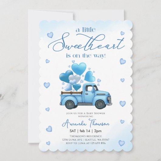 A little Sweetheart blue Truck Baby Shower 招待状 (正面)