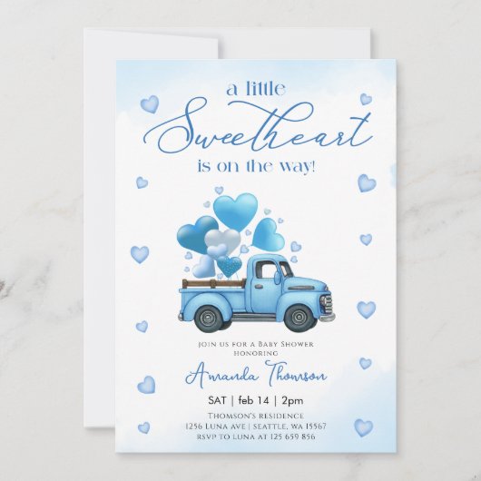 A little Sweetheart blue Truck Baby Shower 招待状 (正面)