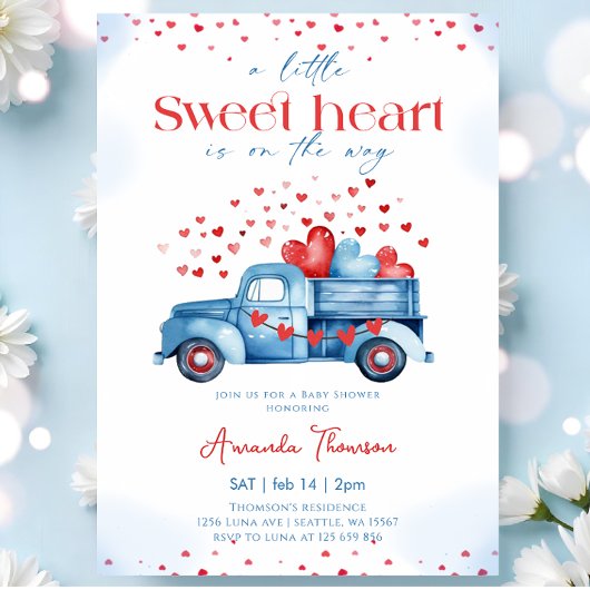 A little Sweetheart blue Truck Boy Baby Shower 招待状