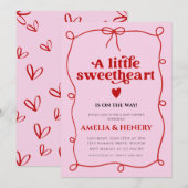 A Little Sweetheart Girl hearts Bow Baby Shower 招待状 (正面/裏面)