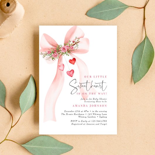 A little Sweetheart Pink bow Valentine Baby shower 招待状