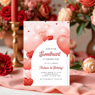 A Little Sweetheart Pink Red Balloons 1st Birthday 招待状