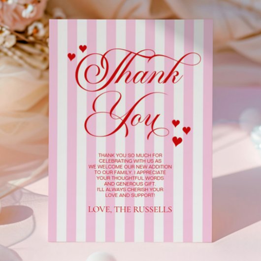 A Little Sweetheart Pink Red Hearts Baby Shower サンキューカード