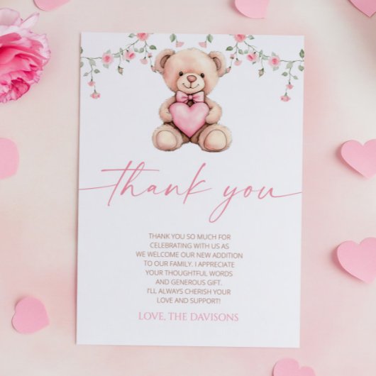 A Little Sweetheart Pink Teddy Bear Baby Shower サンキューカード