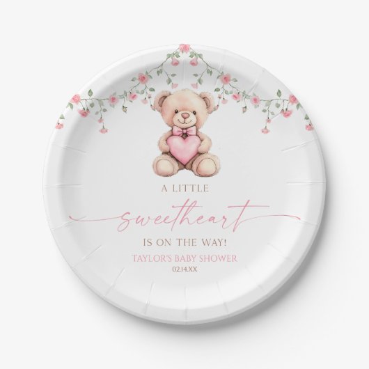 A Little Sweetheart Pink Teddy Bear Baby Shower ペーパープレート (正面)