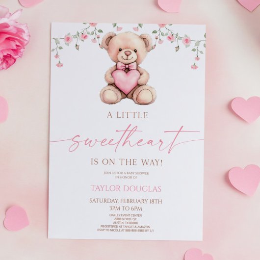 A Little Sweetheart Pink Teddy Bear Baby Shower 招待状