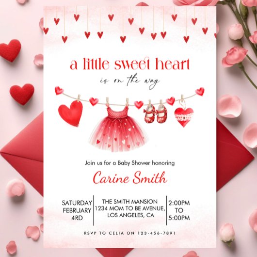 A  Little Sweetheart red Girl Baby Shower  招待状