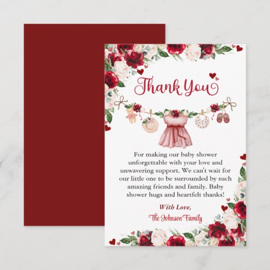 A Little Sweetheart Valentine Girl Baby Shower  サンキューカード (正面/裏面)