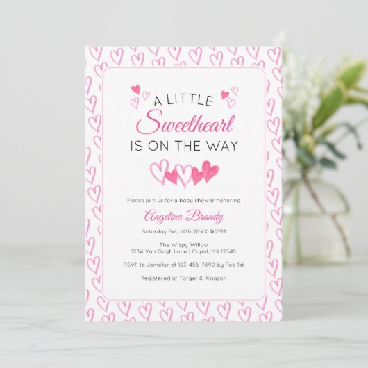 A Little SweetHeart Valentine Hearts Baby Shower 招待状 (スタンド正面)