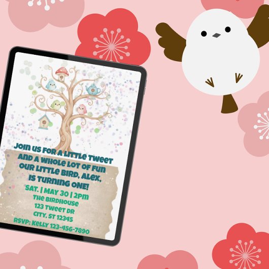 A Little Tweet, Birds Watercolor 1st Birthday 招待状