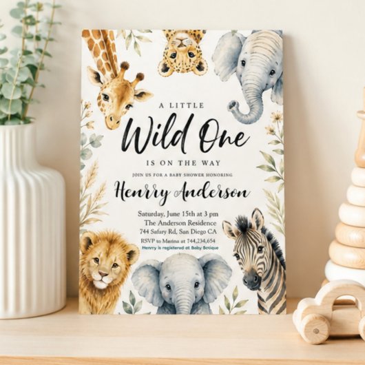 A Little Wild One Baby Shower Safari Animals 招待状