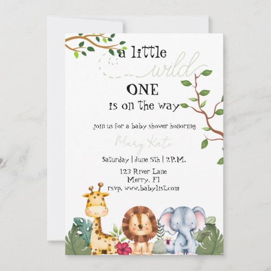 A Little WIld One is on the way Safari Animalベビー 招待状 (正面)